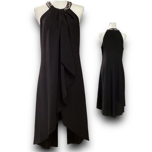 Ignite Evenings Petite Size Satin Back Crepe Beaded High-Low Halter Neck Sleevel - Picture 12 of 12